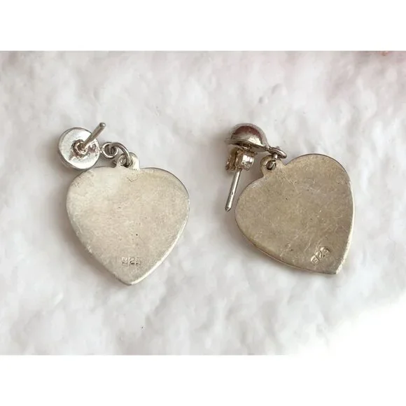 Heart Shaped Hand Carved Vintage Sterling Silver 925 Dangling Earrings - Picture 7 of 12